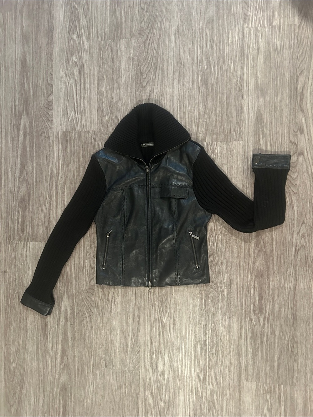 Black Leather and Knit Sleeve Jacket - Women's Zip Front